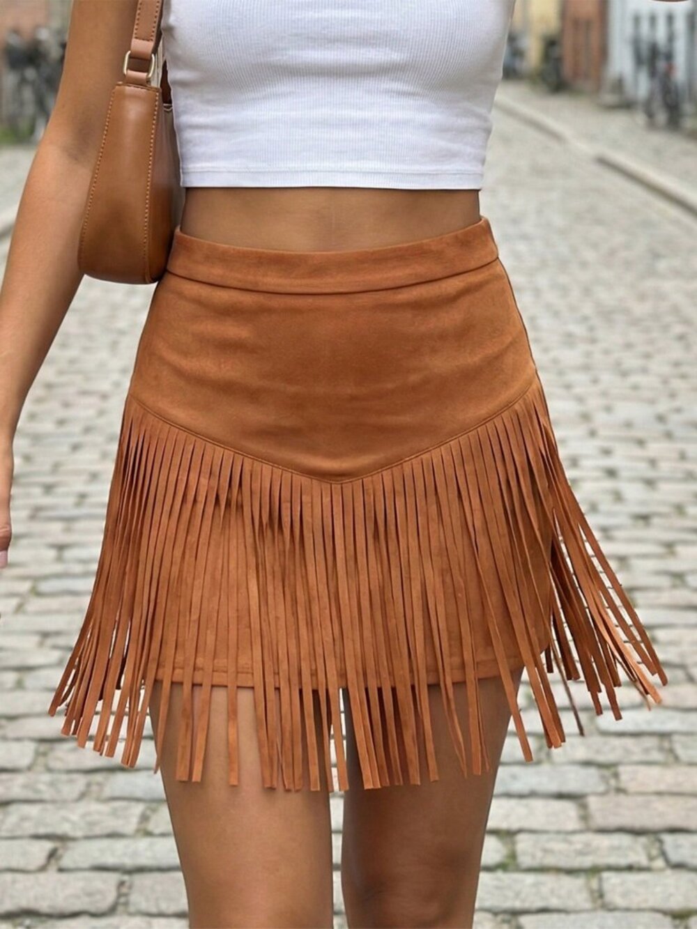 Brown Casual Women's Fringe Grommet Eyelet Zipper Short Bodycon Skirt